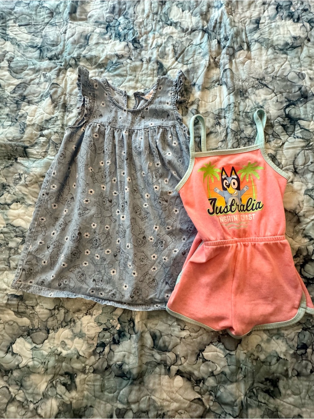 Girls Floral Dress & Coral Pink Romper Bluey Set